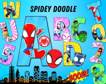 Spidey Doodle Alphabet, Spidey and his Amazing Friends, Superhero Spidey, Alphabet Letters, Spidey Sublimation Font