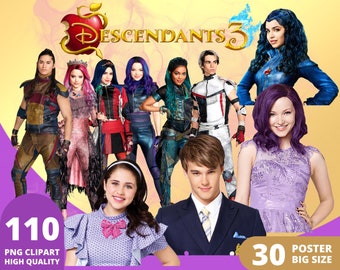 May include: A group of characters from the Disney movie Descendants 3. The characters are standing in front of a yellow background with the movie title "Descendants 3" in the top center. The characters are wearing colorful costumes and have different hairstyles. There are 110 PNG clipart images and 30 poster images available.