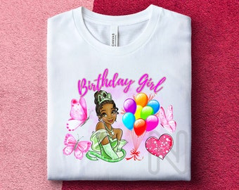 Princesa y la rana sublimación PNG, camisa de fiesta de cumpleañera, princesa Tiana, diseños de sublimación de globos