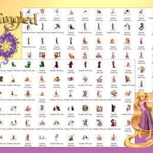 May include: A collection of 189 digital images featuring characters from the animated film Tangled. The images include Rapunzel, Flynn Rider, Pascal the chameleon, and Maximus the horse. The images are in PNG format and are suitable for use in digital scrapbooking, card making, and other craft projects.