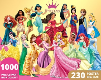 Księżniczka Clipart PNG, Księżniczka PNG Bundle, Kopciuszek Tiana Raya Belle Frozen Tangled Mermaid, Księżniczka Sublimacja, Księżniczka Plakaty