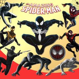 K&ouml;nnte beinhalten: Eine Collage mit verschiedenen Versionen von Spider-Man, darunter der klassische rot-blaue Anzug, der schwarze Anzug und der Anzug von Miles Morales. Das Bild zeigt auch den Text "The Amazing Spider-Man".