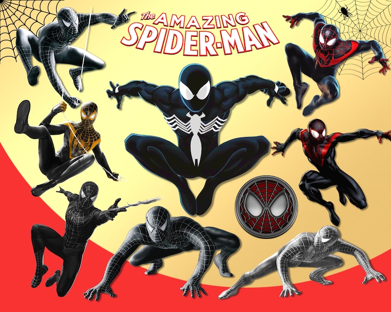 K&ouml;nnte beinhalten: Eine Collage mit verschiedenen Versionen von Spider-Man, darunter der klassische rot-blaue Anzug, der schwarze Anzug und der Anzug von Miles Morales. Das Bild zeigt auch den Text "The Amazing Spider-Man".