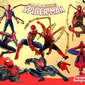 K&ouml;nnte beinhalten: Eine digitale Illustration mit mehreren Spider-Man-Charakteren in verschiedenen Posen. Die Charaktere tragen alle rote und blaue Anz&uuml;ge mit schwarzen Spinnweben. Der Hintergrund ist ein gelber Farbverlauf mit einem Spinnennetz-Muster.
