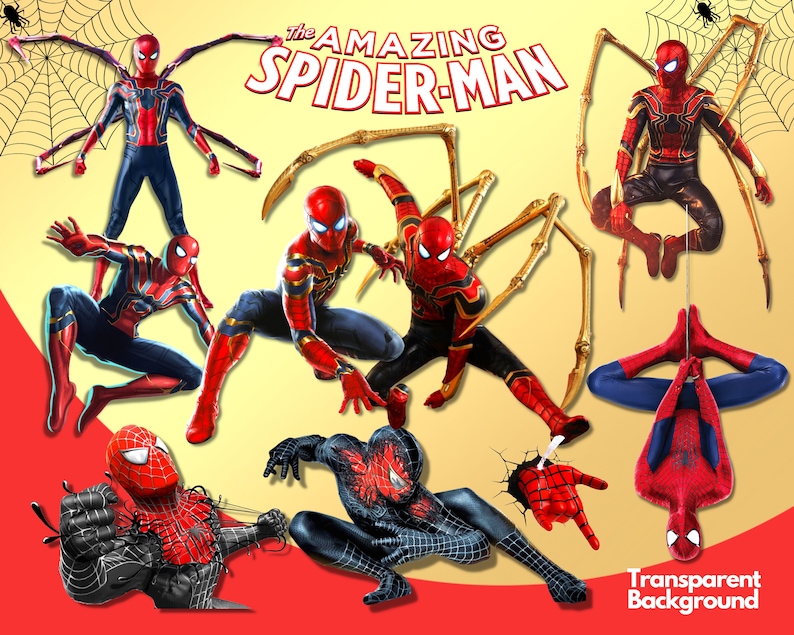 K&ouml;nnte beinhalten: Eine digitale Illustration mit mehreren Spider-Man-Charakteren in verschiedenen Posen. Die Charaktere tragen alle rote und blaue Anz&uuml;ge mit schwarzen Spinnweben. Der Hintergrund ist ein gelber Farbverlauf mit einem Spinnennetz-Muster.