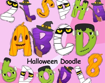 Halloween Doodle Alphabet, Halloween Alphabet PNG, Halloween Hexe Kürbis Frankenstein Mumie, Alphabet PNG Buchstaben, Sublimationsschrift