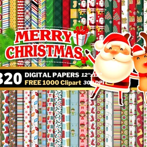 May include: A digital paper pack with 320 Christmas themed patterns and 1000 free clipart images. The patterns include a variety of colors, designs, and textures, such as red and green plaid, snowflakes, and Christmas trees. The clipart images include Santa Claus, reindeer, and other festive characters.