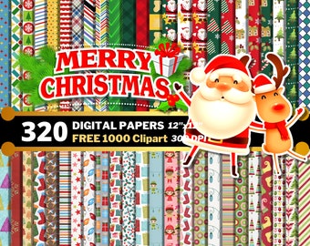 Merry Christmas Digital Papers, Merry Christmas Clipart PNG, Santa Winter, HoHoHo, Snowman, Gingerbread Man, Christmas Seamless Patterns