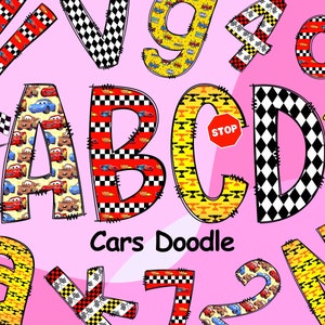 Cars Doodle Alphabet, Lightning McQueen, Cars McQueen Alphabet Letters, Cars Sublimation Font Designs