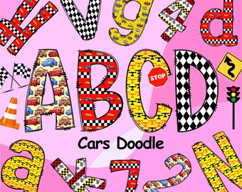 May include: A set of alphabet letters decorated with a Cars theme. The letters are in various colors and patterns, including red, yellow, black, and white. The letters are outlined in black and have a stitched look. The letters are arranged in a random order. The text "Cars Doodle" is written below the letters.