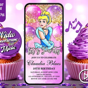 Prinzessin Cinderella Geburtstag Video Einladung, Cinderella Geburtstag Evites, bearbeitbare Vorlage, jedes Alter, DIY Musikvideo Evites