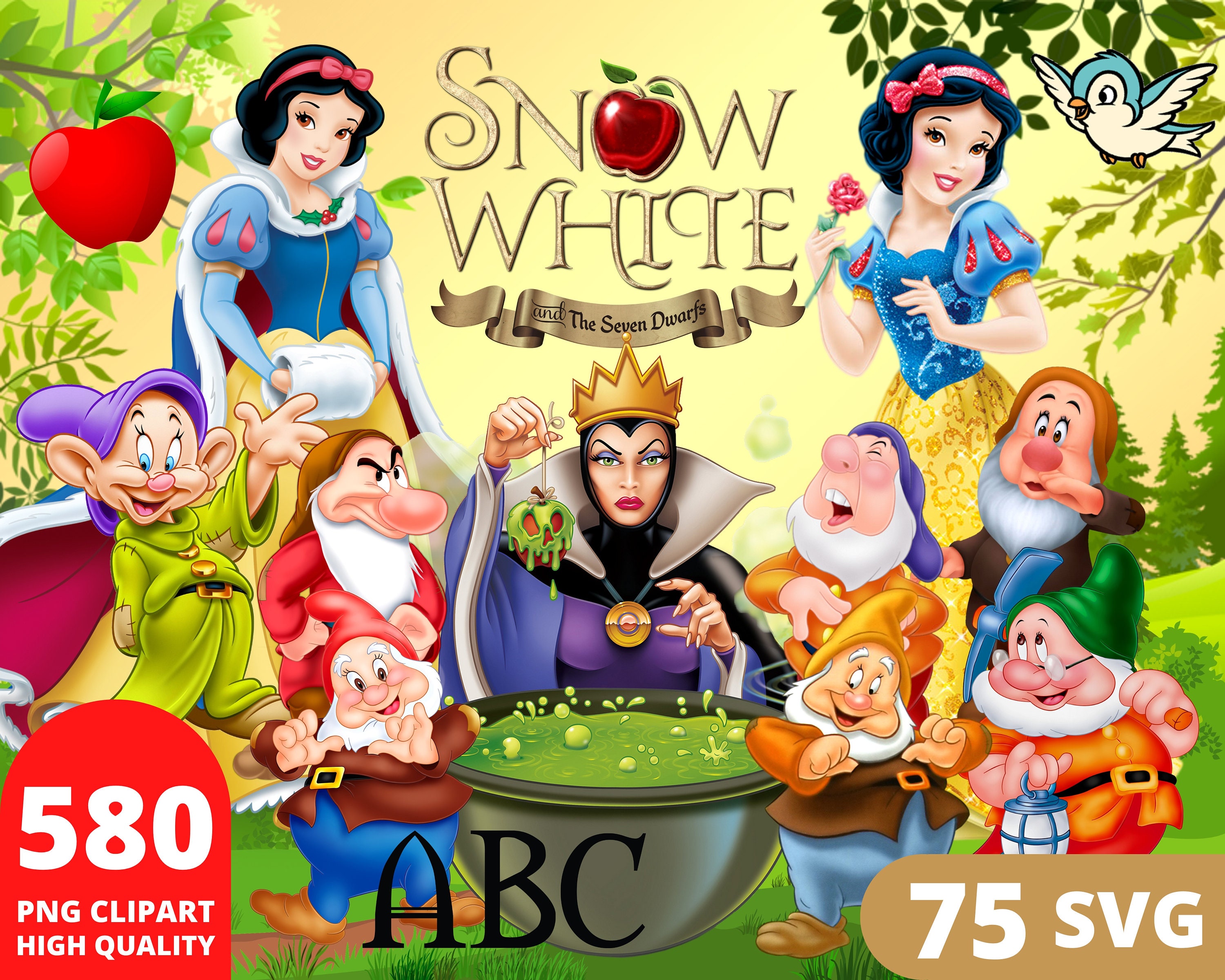 Snow White Clipart PNG, Snow White Layered SVG, Princess Clipart, Evil Queen Art, Snow White Birthday Print
