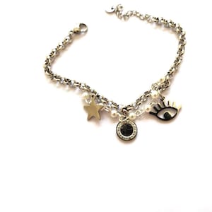 Bransoletka Evil Eye ze stali nierdzewnej Minimalny różaniec ze stali i pereł bransoletka do codziennego użytku talizmany na szczęście prezent dla bratniej duszy zestaw biżuterii prezent dla mamy