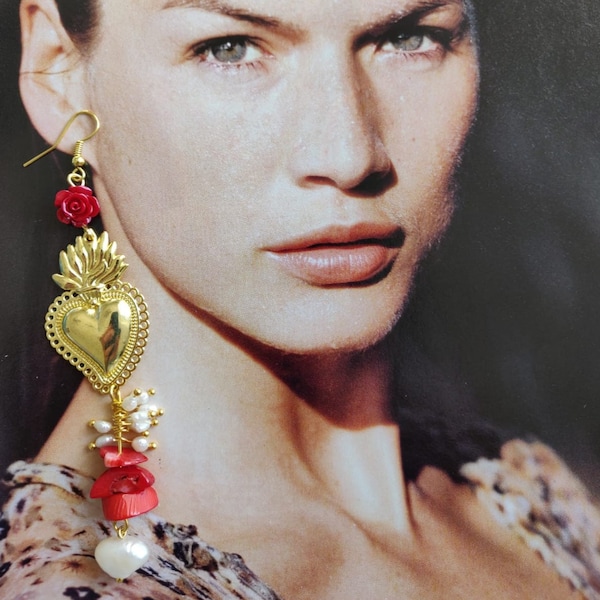 Boucle d’oreille pendentif coeur sacré glam italien véritables perles d’eau douce boucle d’oreille corail méditerranéen naturel cadeau âme sœur chic italien pour elle