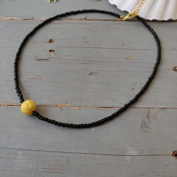 Black minimalist seedbeads necklace  with goldtone contrast central piece, surf necklace soft tones gift for him & her gift for all seasons