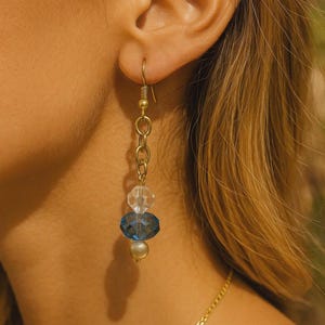 Vintage inspired Swarovski Crystal Earrings Blue Faceted Crystals Champagne pearl Jewelry Set Gift for Her soulmate gift chic gift for her