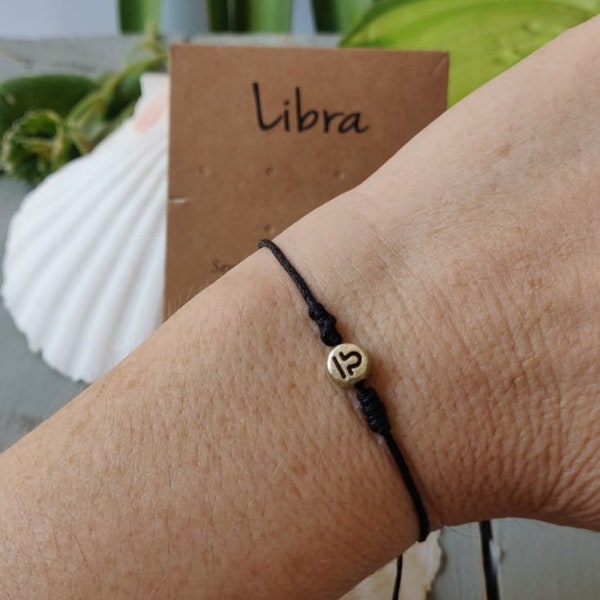 Libra, Zodiac Boho Bracelet with Sign, Gift under 10 euro,Horoscope Card Birthday Gift, gift for Him & Her,BBF gift,minimalist cord bracelet