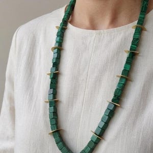 Handmade Malachite & Brass Necklace, Urban Chic Emerald Green Stone Beads, Ethno Boho Jewelry, Gift for Her, Urban chic minimal jewelry