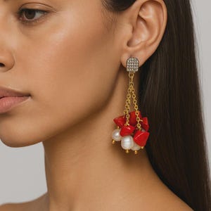 Sardinian Red Coral & Freshwater Pearl Earrings, Made in Italy ,Baroque Style, Chic Passionate gift,Precious gift for her,statement earrings