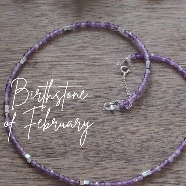 Amethyst February Birthstone | Delicate 925 Sterling Silver with Amethyst  and silver hematite | Gift ready Minimalist Precious Necklace