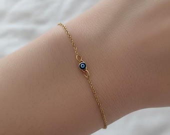 Evil Eye Delicate Bracelet, 18k Gold-Plated Steel, Lucky Greek eys Charm, Minimalist Jewelry Dainty Tiny  Minimalist boho hippy style gift