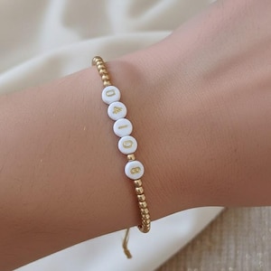 Personalized Name & Date Bracelet, Boho Chic Elastic gold hematite beads and star accents, Custom Gift for Family names, BBF, made in Italy