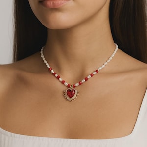 Sacred Heart and Freshwater Pearl Choker – Boho Ruby Red Coral & Vintage Crystals, Bridgerton Opera Style, Lucky Gift for Her, Italy Made