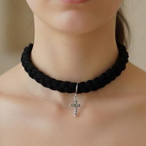 Boho Folk Cotton Necklace with Silver Crystal Cross – Handmade Braided Necklace, Punk Chic Statement Jewelry, Made in Italy