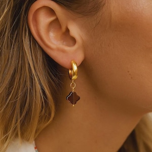Lucky Charm Earrings | Gold-Plated Steel Circle | Smoky Brown Crystal Four-Leaf Clover | Delicate & Elegant Soft Colors| jewelry set for her