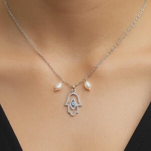 Delicate Hand of Fatima Necklace Stainless steel Micro Evil Eye & Sparkling Rhinestone charm Freshwater Pearl drop boho chic protective gift