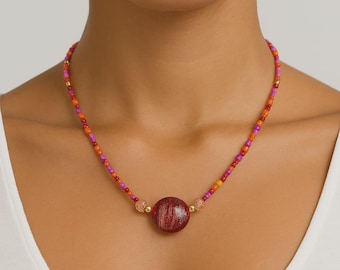 Seedbeads, Agate Chips & Murano Glass Pendant necklace, Mediterranean Sunset Tones, 70s Boho Hippie Style, Summer Gift –Handmade in Italy