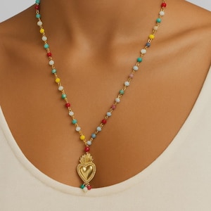 Sacred Heart Multicolor Boho Folk Kitsch Rosary Necklace with Ex Voto Heart & Charms Italian Folk Statement Made in Italy boho Gift for Her
