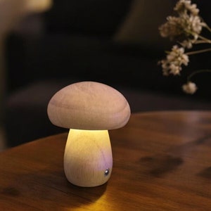 Dimmable Wooden Mushroom Night Light, USB Touch Bedside Lamp, Cosy Bedroom Decor, Unique Gift for Kids & Adults