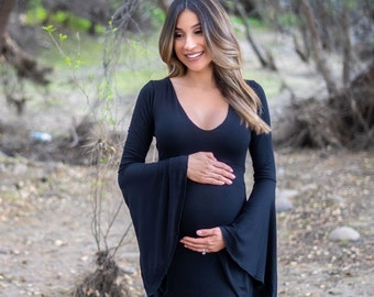 Deep Scoop Bell Sleeve Maternity Gown with Mini Train