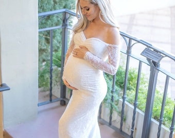 Lace Long-Sleeve Maternity Wedding Dress with Train