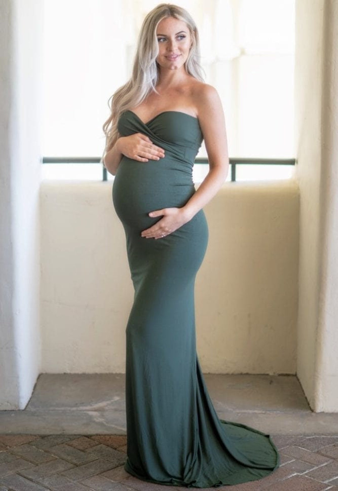 Ruched Fold Over Flare Maternity Gown with Bishop Sleeves