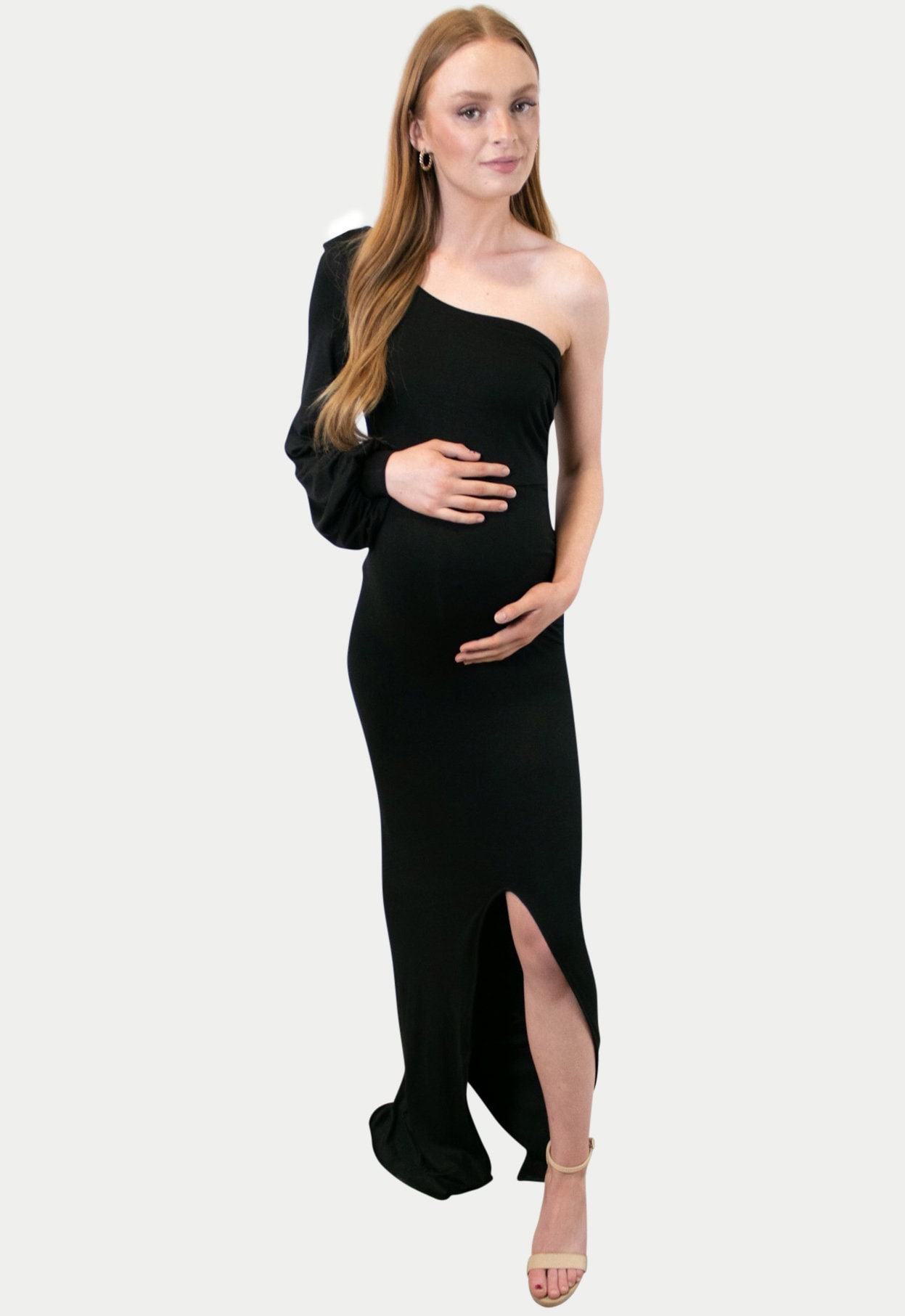 One Shoulder Ruched Midi Maternity Dress
