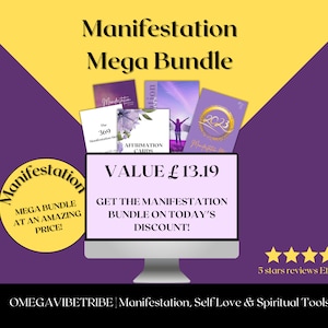May include: A digital display showing a Manifestation Mega Bundle with various purple and white cards and documents. The screen features text including Value £13.19, Get the manifestation bundle on today's discount, and 5 stars reviews Etsy Shop.