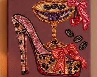 Espresso & Stilettos Rhinestone Wall Art, Espresso Martini Painting, Leopard Print High Heel Decor, Girly Glam 8x8 Canvas