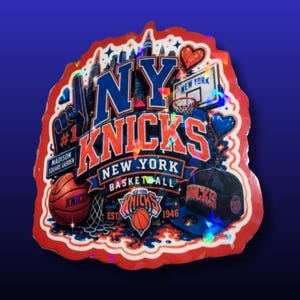 May include: A holographic sticker featuring the text NY KNICKS NEW YORK BASKETBALL. The design includes a basketball, a basketball hoop, a baseball cap, a foam finger with the number 1, a heart, and a skyline silhouette with the text MADISON SQUARE GARDEN.