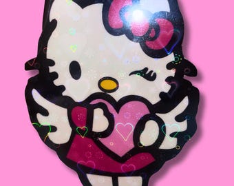 Love Kitty Holographic Sticker –  Pink Pastel Cat Vinyl Decal – Kawaii Aesthetic Sticker for Laptop, Journal, or Water Bottle