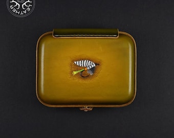 Caja de moscas de cuero hecha a mano, billetera personalizada para pesca con mosca