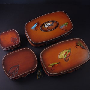 Caja de cuero tallada para moscas, Cartera de cuero para moscas, Caja de pesca con mosca de cuero, Accesorios de pesca personalizados