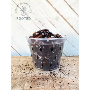 May include: A clear plastic pot filled with a brown and white potting mix. The pot has drainage holes and is sitting on a wooden surface. The text "ORGANIC POTTING BLENDS ROOTED" is visible on a white background.