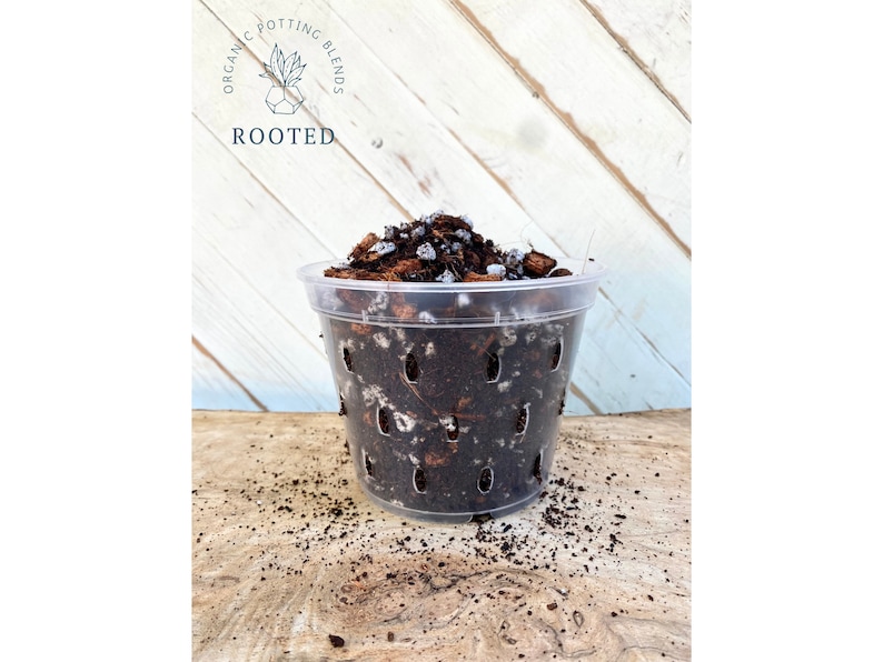 May include: A clear plastic pot filled with a brown and white potting mix. The pot has drainage holes and is sitting on a wooden surface. The text "ORGANIC POTTING BLENDS ROOTED" is visible on a white background.