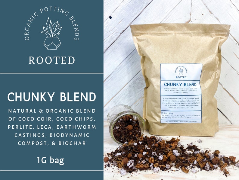 May include: A 1-gallon bag of Rooted Chunky Blend potting mix. The bag is made of brown paper and has a white label with the brand name and product description. The mix is a natural and organic blend of coco coir, coco chips, perlite, leca, earthworm castings, biodynamic compost, and biochar.
