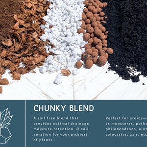 May include: Close-up of four different soil-free potting mixes: coconut coir, white perlite, terracotta clay pebbles, and black potting soil. The text reads "CHUNKY BLEND A soil free blend that provides optimal drainage, moisture retention, & soil aeration for your pickiest of plants. Perfect for aroids - such as monsteras, pothos, philodendrons, alocasias, colocasias, zz's, etc."