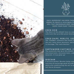May include: A close-up of a brown soil mix with various ingredients, including coco coir, perlite, leca, earthworm castings, compost, and biochar. The soil is spread out on a white wooden surface. The text on the right side of the image describes the benefits of each ingredient for plant growth.