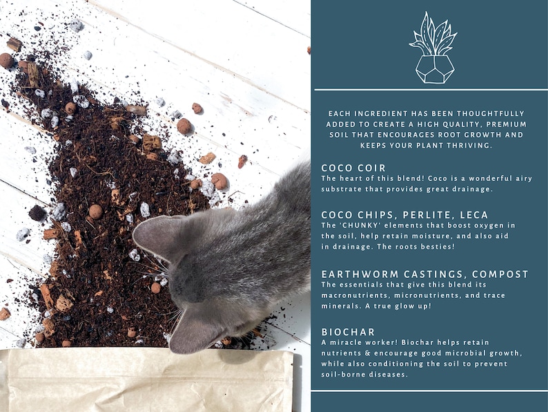 May include: A close-up of a brown soil mix with various ingredients, including coco coir, perlite, leca, earthworm castings, compost, and biochar. The soil is spread out on a white wooden surface. The text on the right side of the image describes the benefits of each ingredient for plant growth.