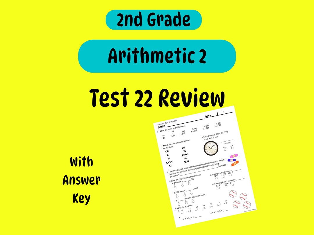 2nd Grade Arithmetic 2 Test 22 Review, Practice, or Study Guide - Etsy
